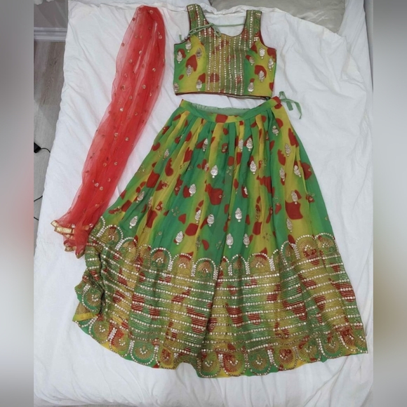 Sangeet / Mehndi green, yellow, red lengha choli - Picture 2 of 9